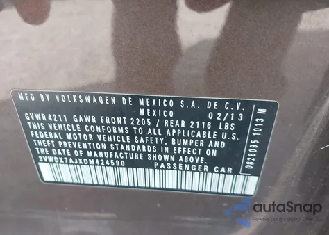 2013 Volkswagen Jetta Se from USA, damaged, VIN 3VWDX7AJXDM424590